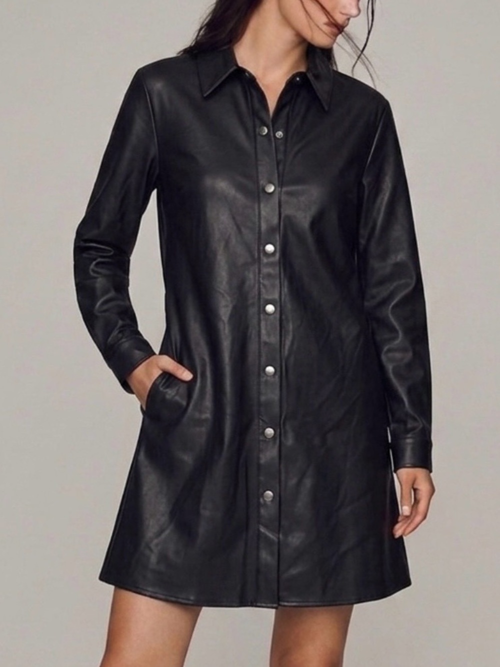 12 Thompson Black Faux Leather Shirtdress Size Small Vegan Snap Button Dress